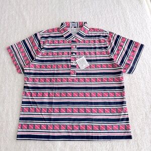 Leon Levin Women's Vintage Pink and Blue Geometric Polo Sports Shirt, PL, XL